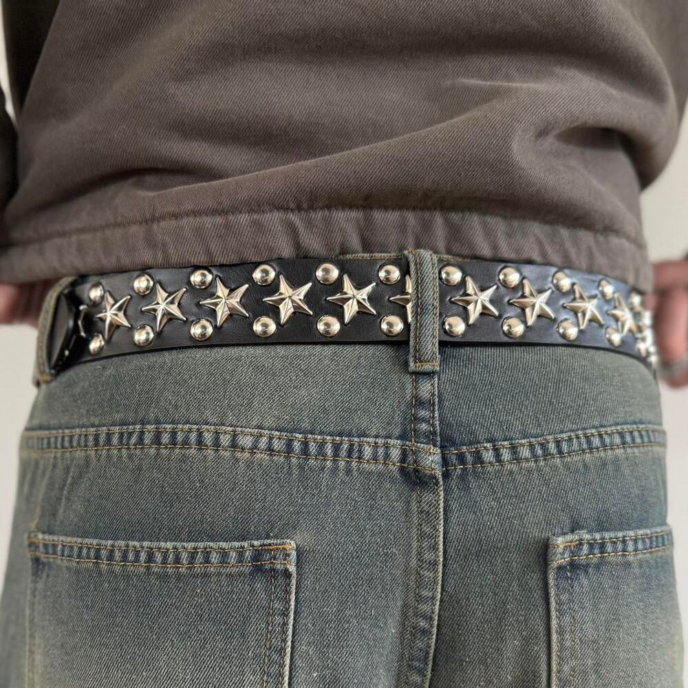 Y2K Black Silver Star Studded Belt Unisex Goth Emo Style 44" Long - Picture 10 of 16